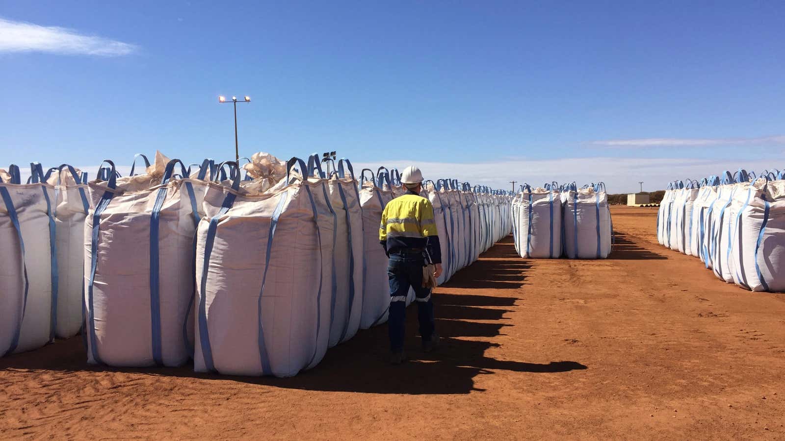 Sacks of rare earth concentrate at Mt. Weld waiting to be shipped to Malaysia.