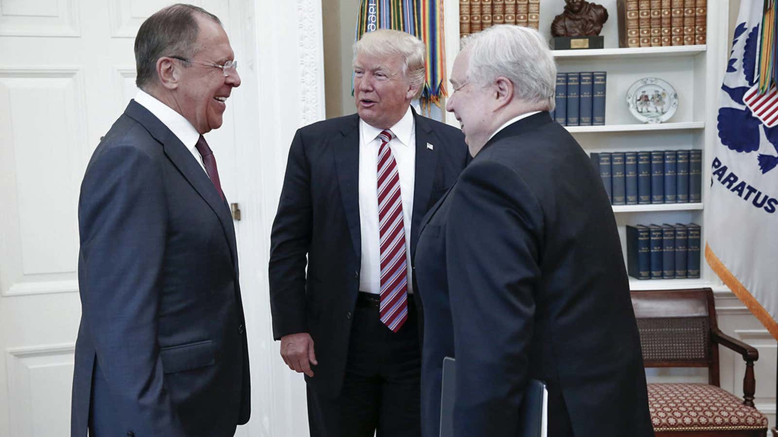 Trump meets Russian foreign minister Sergei Lavrov and US ambassador Sergei Kislyak in the Oval Office.