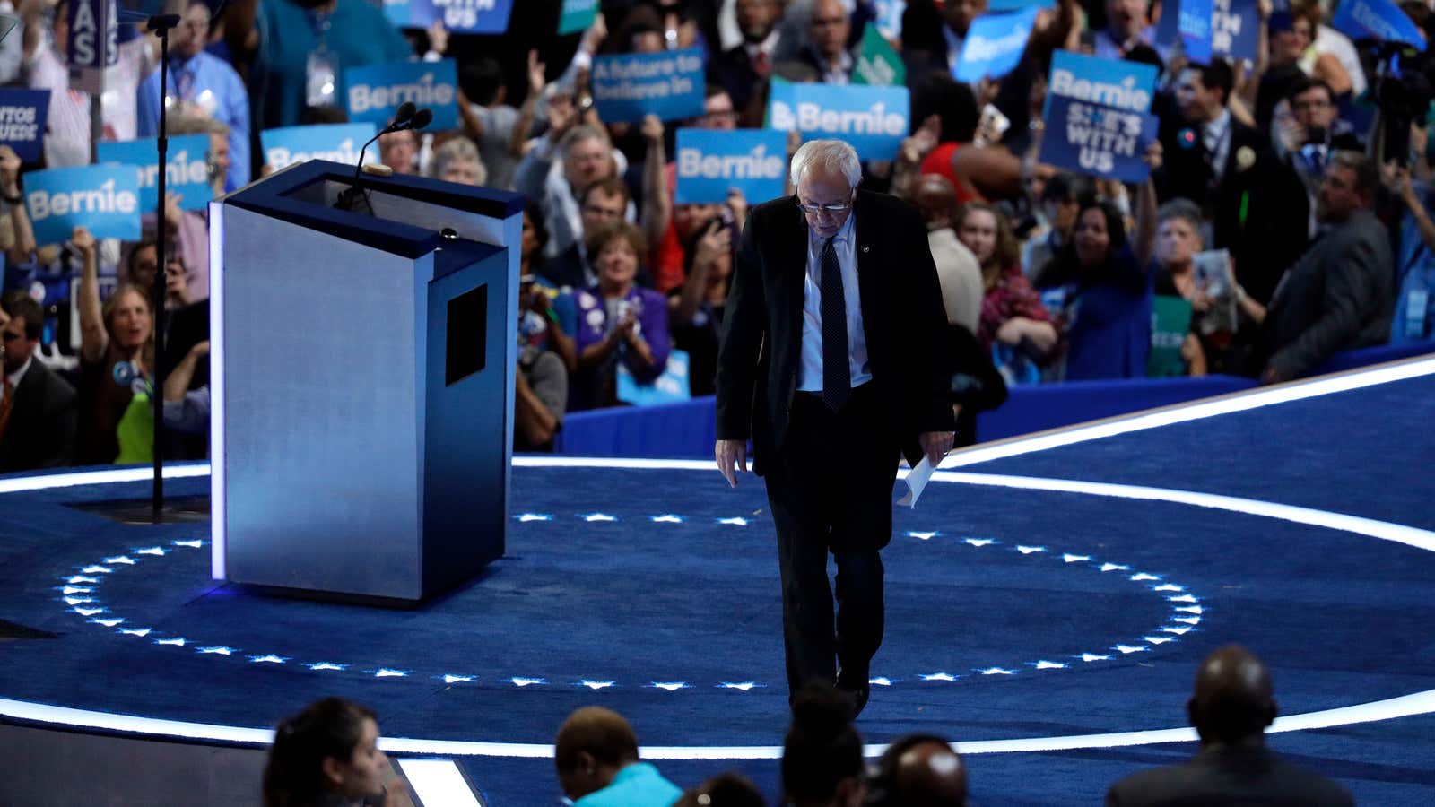 Bernie Sanders wraps up his address to the delegates at the DNC in Philadelphia.