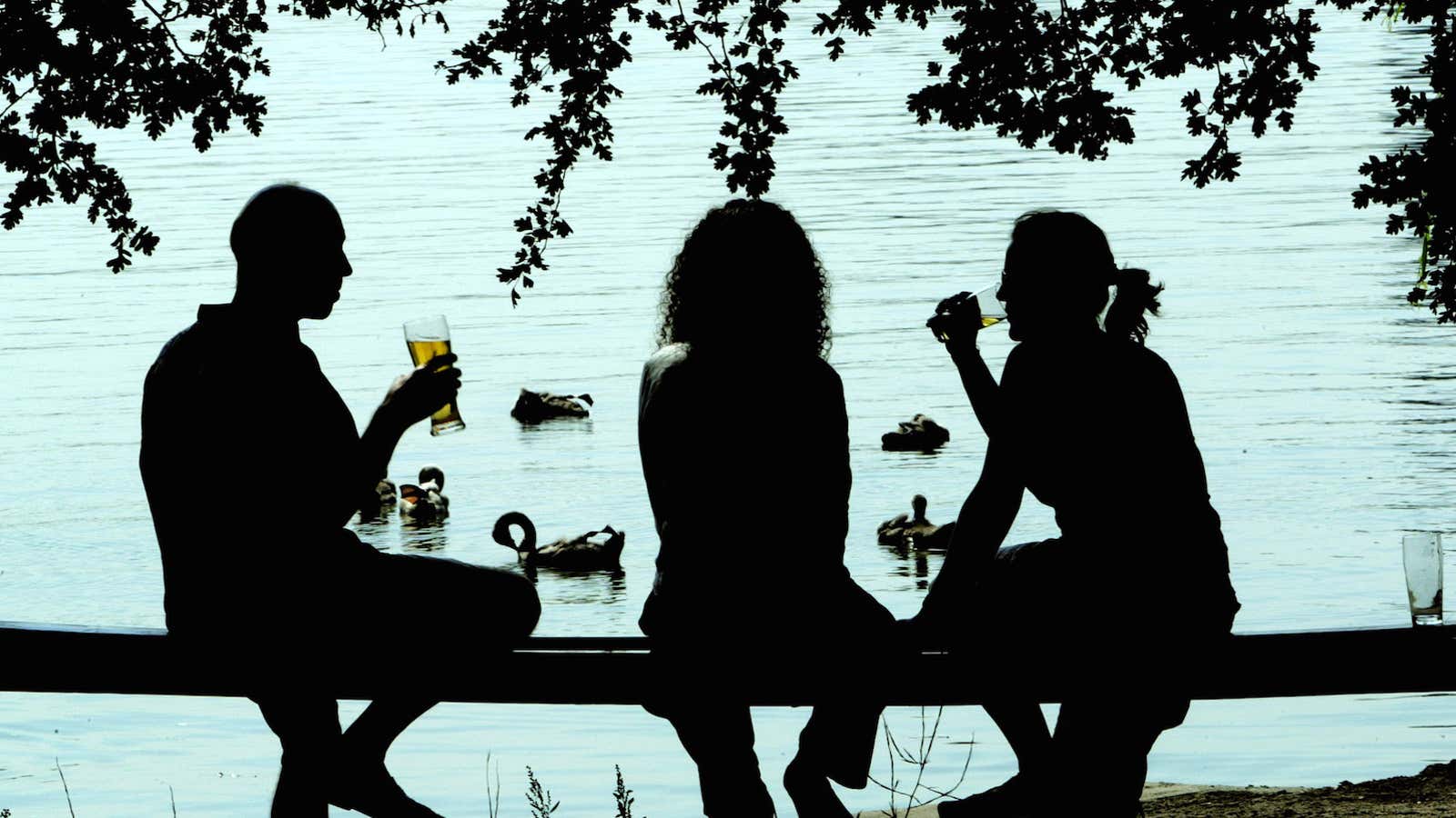 Three silhouetted people rest under a tree at Ham