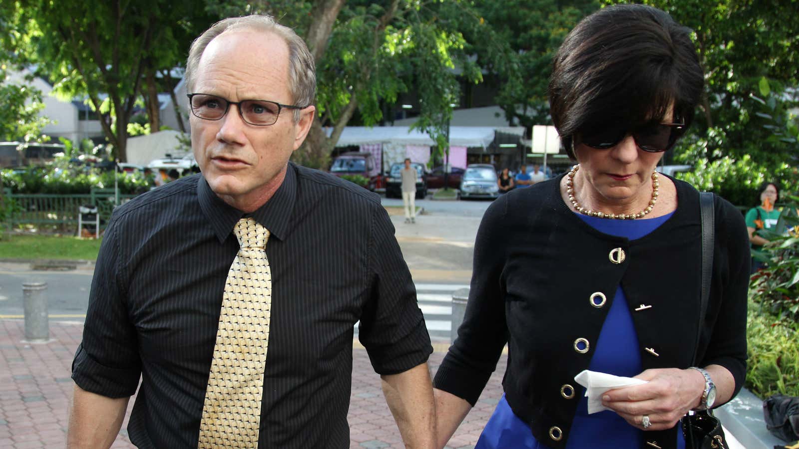 Shane Todd’s parents, Mary and Rick Todd, arrive at the Subordinate Courts on Monday, May 13, 2013, in Singapore.