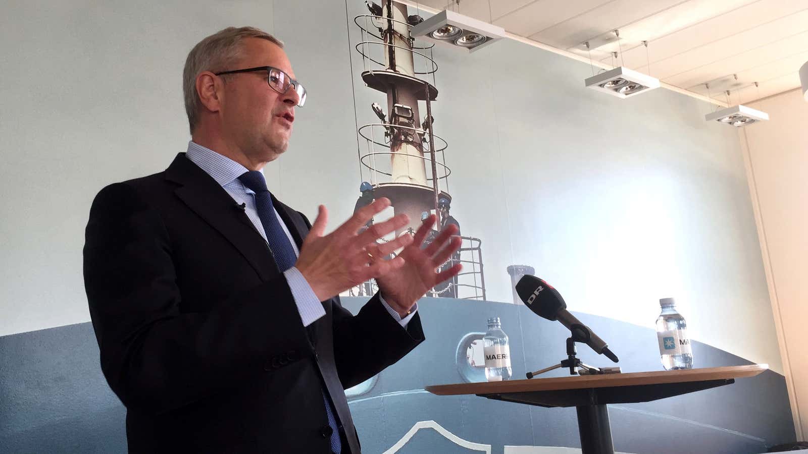 Maersk CEO Soren Skou speaks during a news conference at the company’s headquarters in Copenhagen, Denmark.