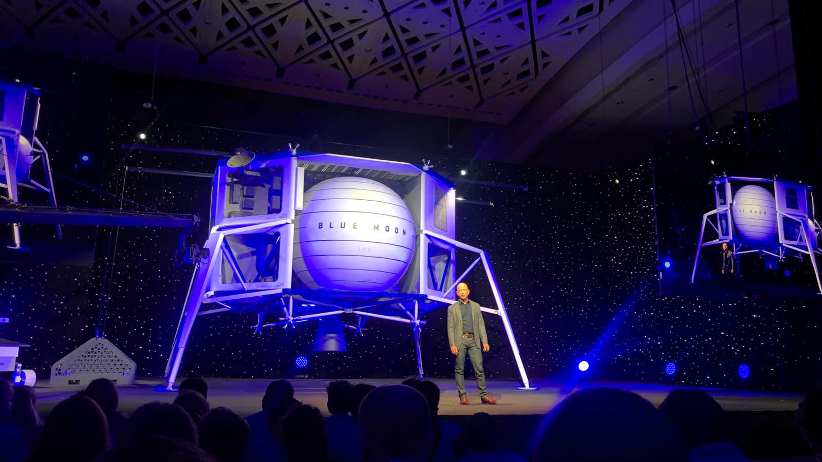 Jeff Bezos unveils a model of Blue Origin’s lunar lander.