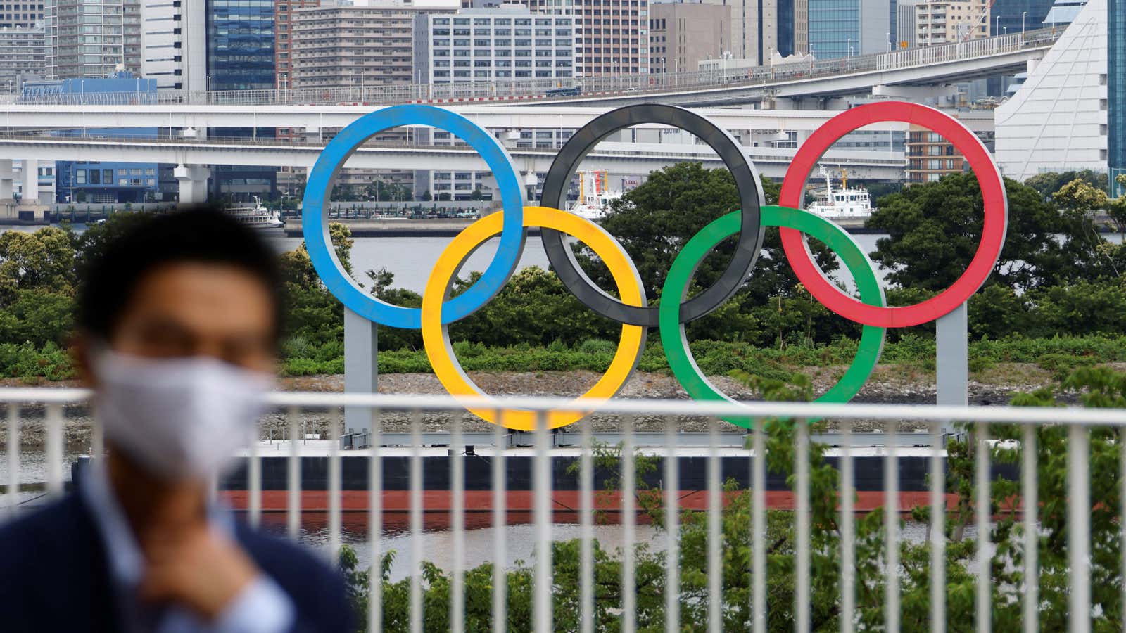 A general view of the Olympic Rings installed on a floating platform are seen in preparation for the 2020 Tokyo Olympic Games that have been…