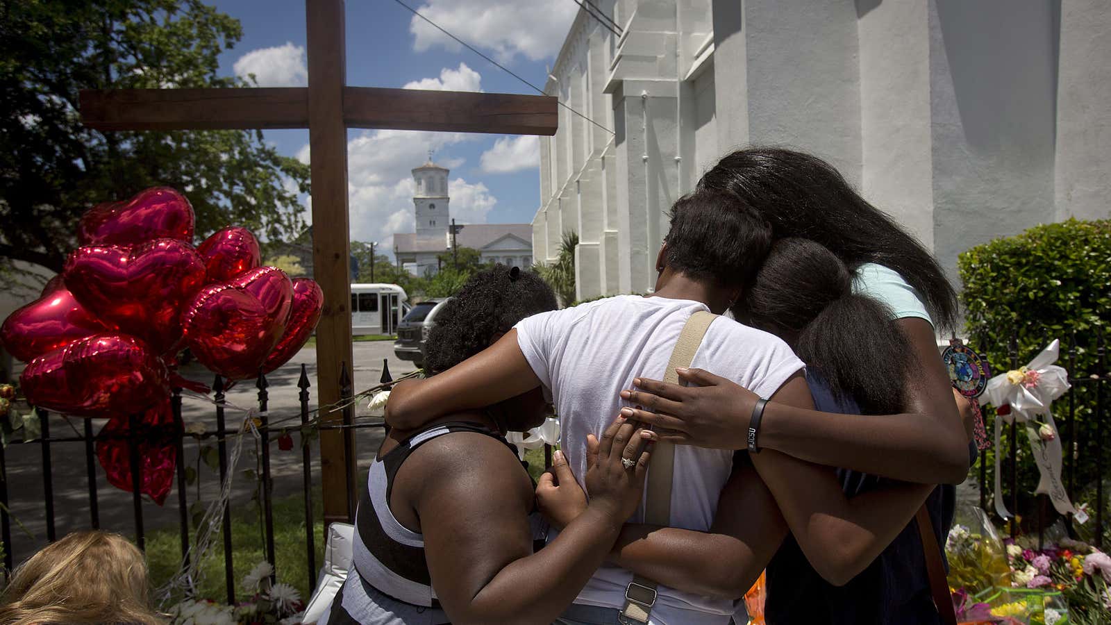 Mourners outside the Emanuel African Methodist Episcopal Church after the 2015 mass shooting.