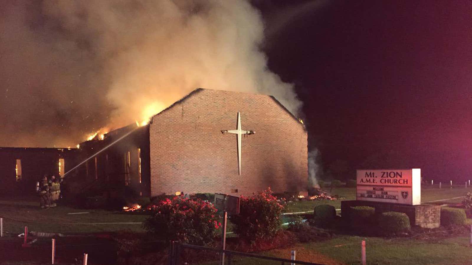 Mt. Zion AME Church in Greeleyville, South Carolina  burns on June 30, 2015.