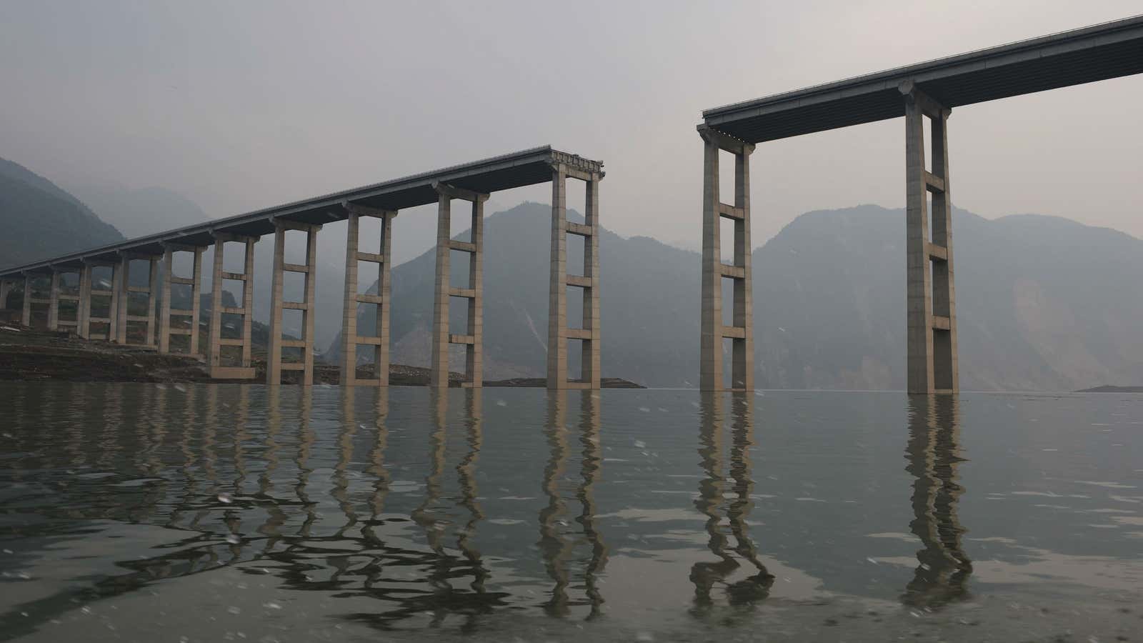 A highway over Zipingpu Reservoir after the 2008 earthquake in Wenchuan.