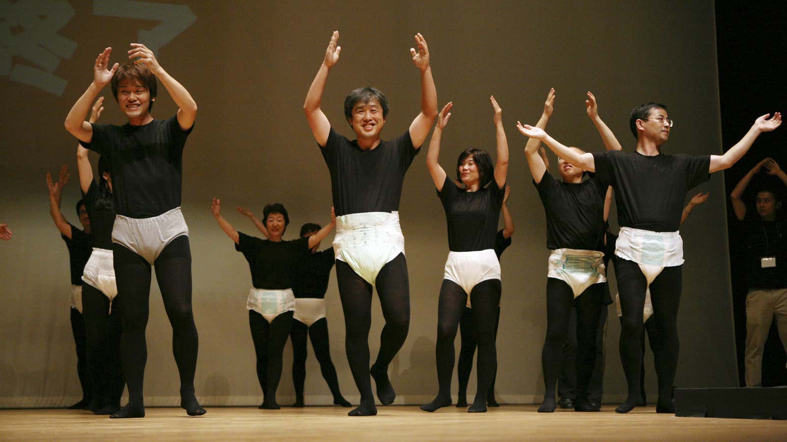 Japanese model the latest styles of adult diapers in a 2008 Tokyo show organized to raise awareness of  the county’s rapidly aging population.