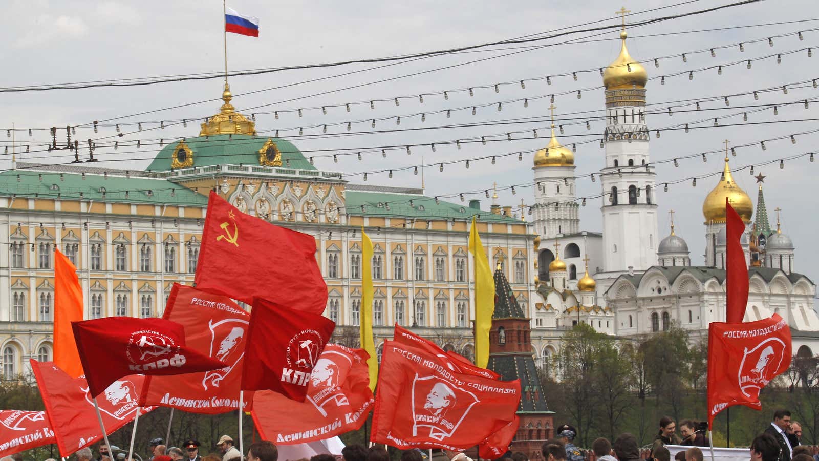 Muscovites celebrate May Day outside the Kremlin.