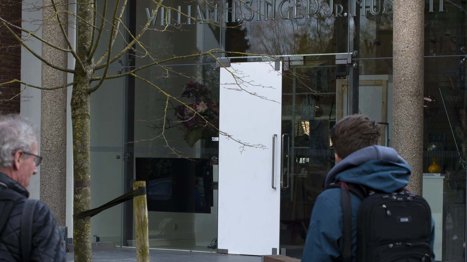 The damaged front door of the Singer Laren Museum, where Van Gogh’s “Parsonage Garden at Nuenen in Spring” was recently pilfered.