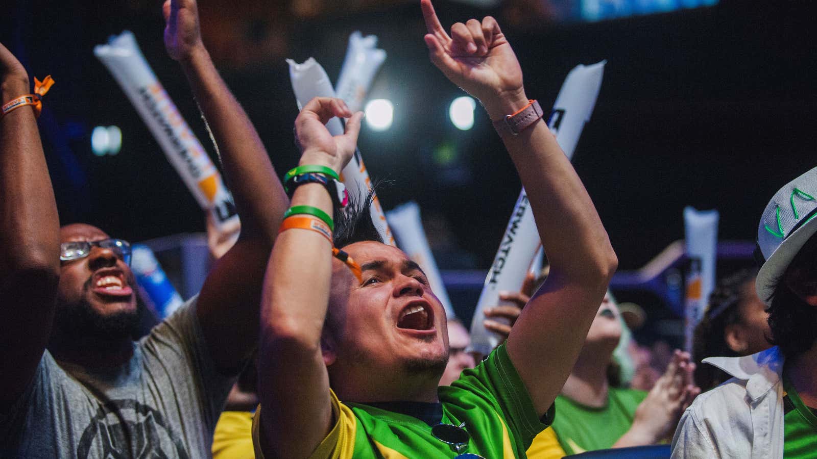 Fans cheer during final day of Stage 3 title matches of the Overwatch League at the Blizzard Arena in Burbank, California, U.S., May 6, 2018.…