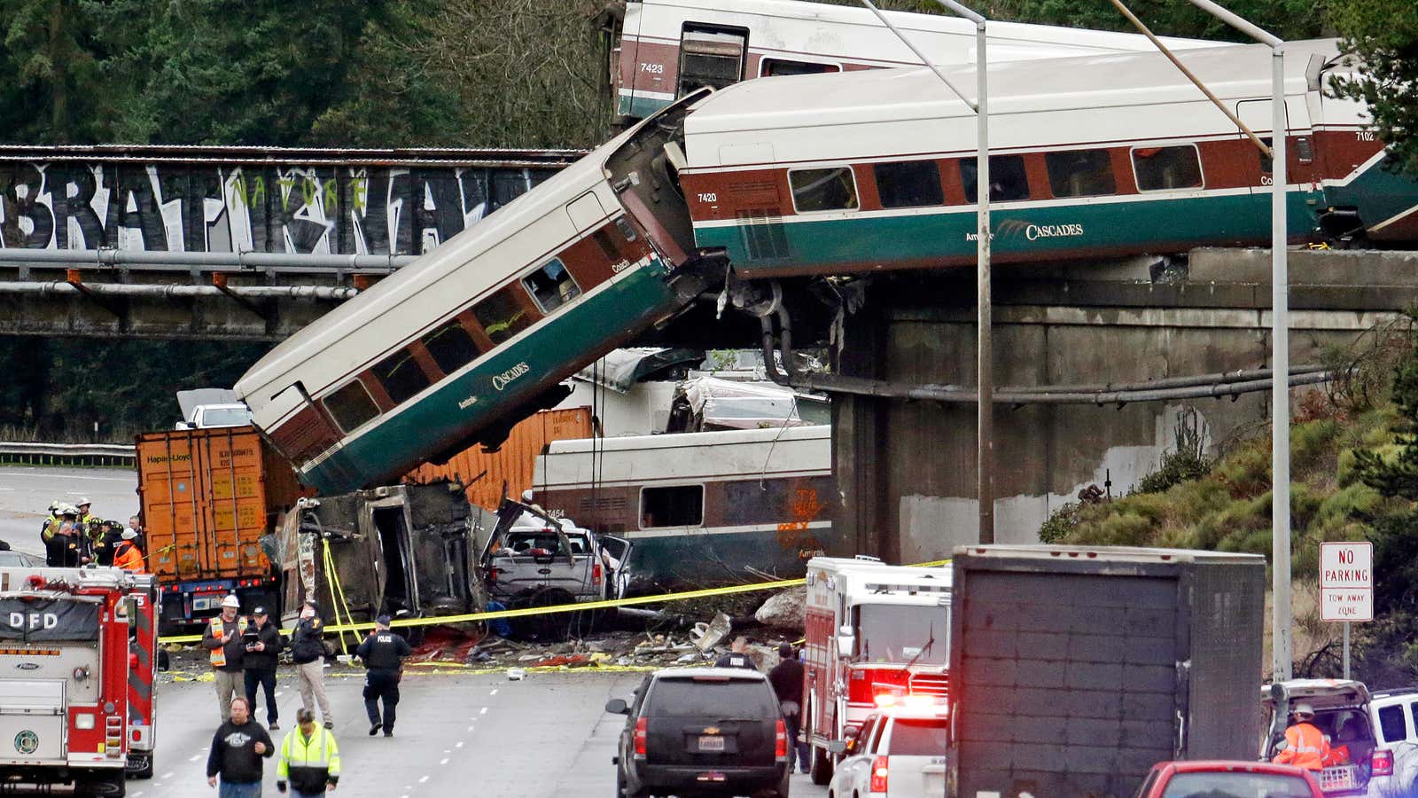 Cars from an Amtrak train spilled onto Interstate 5 in DuPont, Washington.