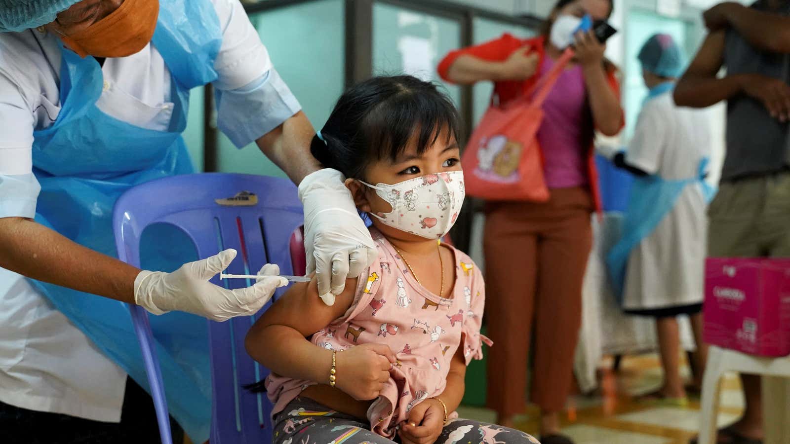 A child under five receiving a vaccine in Cambodia.