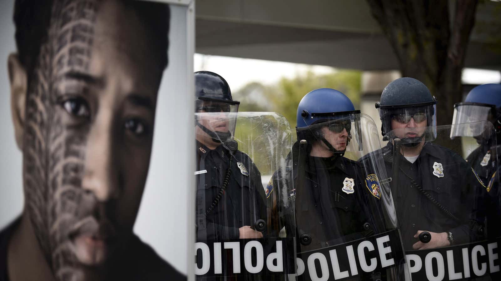 Police form a line during clashes with protesters near Mondawmin Mall after Freddie Gray’s funeral in Baltimore, Maryland.