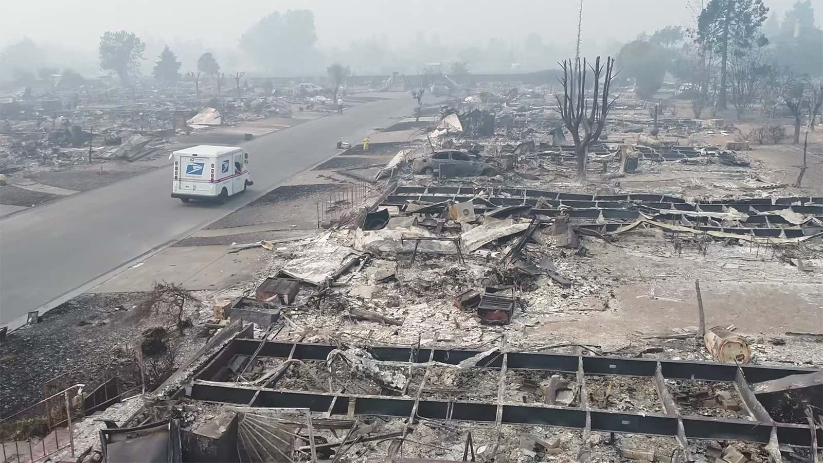 A drone video of a lonely mailman reveals California’s post-wildfire dystopia