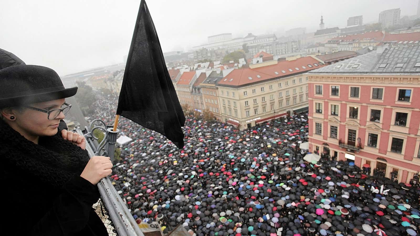 Thousands demonstrate against plans for a total ban on abortion in front of the Royal Castle in Warsaw.