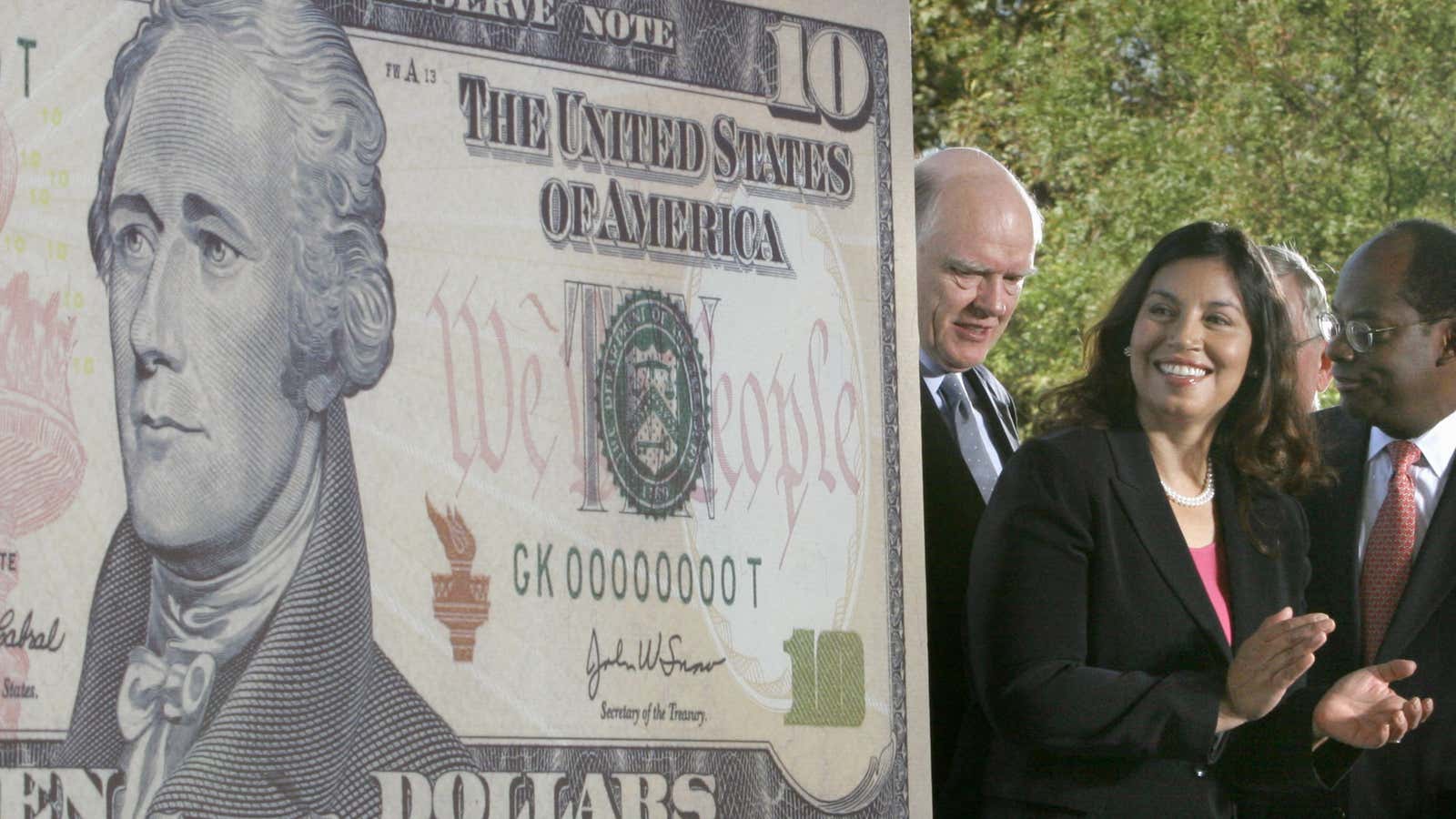 Unveiling of the current $10 bill in 2005.