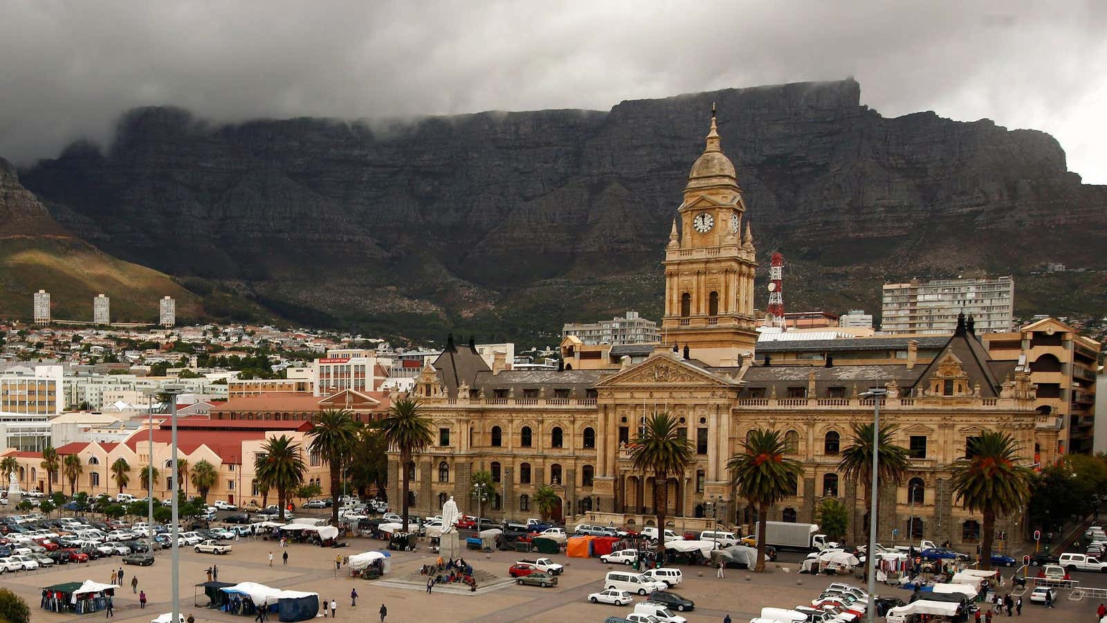 Cape Town’s iconic Table Mountain looms behind Grand City Hall