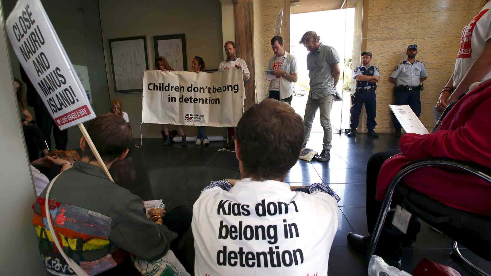 Protesters outside prime minister Malcolm Turnbull’s office.