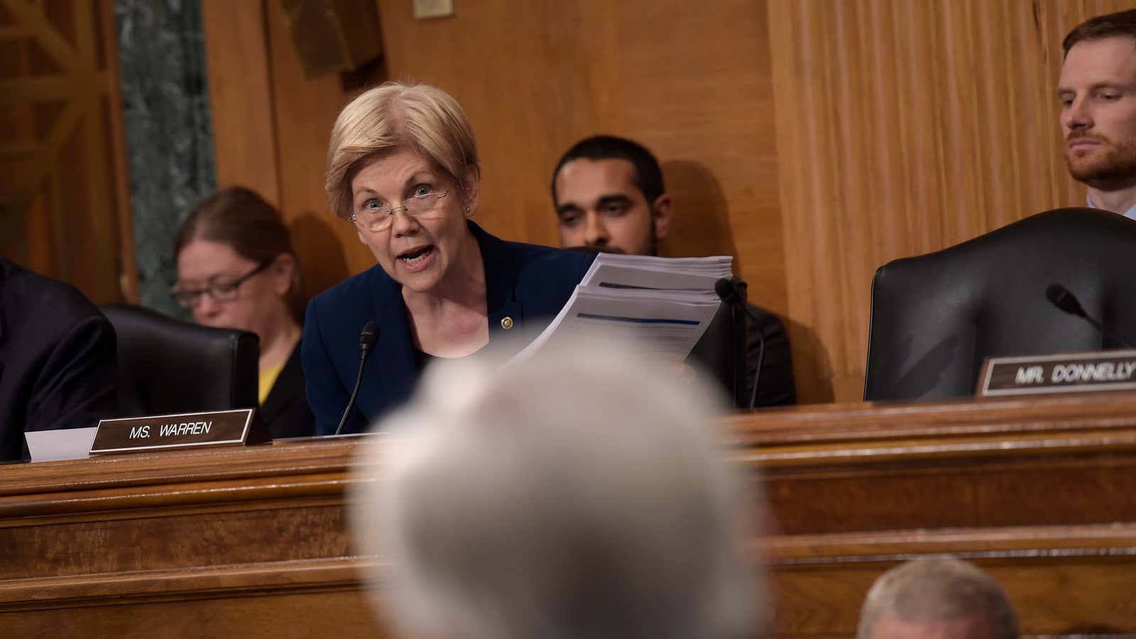 Senator Warren addresses Wells Fargo CEO John Stumpf during a hearing for the Senate Banking Committee in Washington, DC.