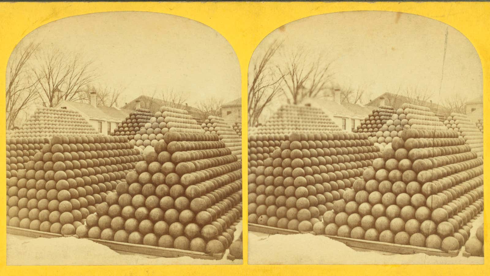 A stereoscopic view of cannonball piles at the Charleston Navy Yard in Massachusetts, triggered by the poo emoji.