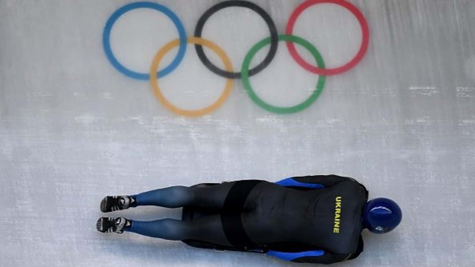 Vladyslav Heraskevych of Ukraine takes a corner in the first Men’s unofficial skeleton training session at the Olympic Sliding Centre, during the Pyeongchang 2018 Winter Olympic Games in Pyeongchang, on February 7, 2018. / AFP PHOTO / Mark Ralston        (Photo credit should read MARK RALSTON/AFP via Getty Images)