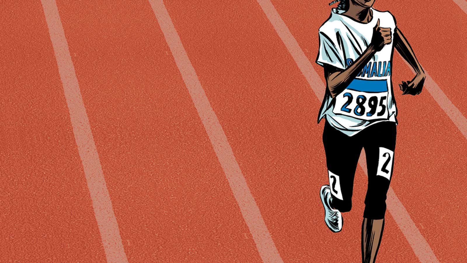 A depiction of Samia Yusuf Omar running at the 2008 Beijing Olympics.