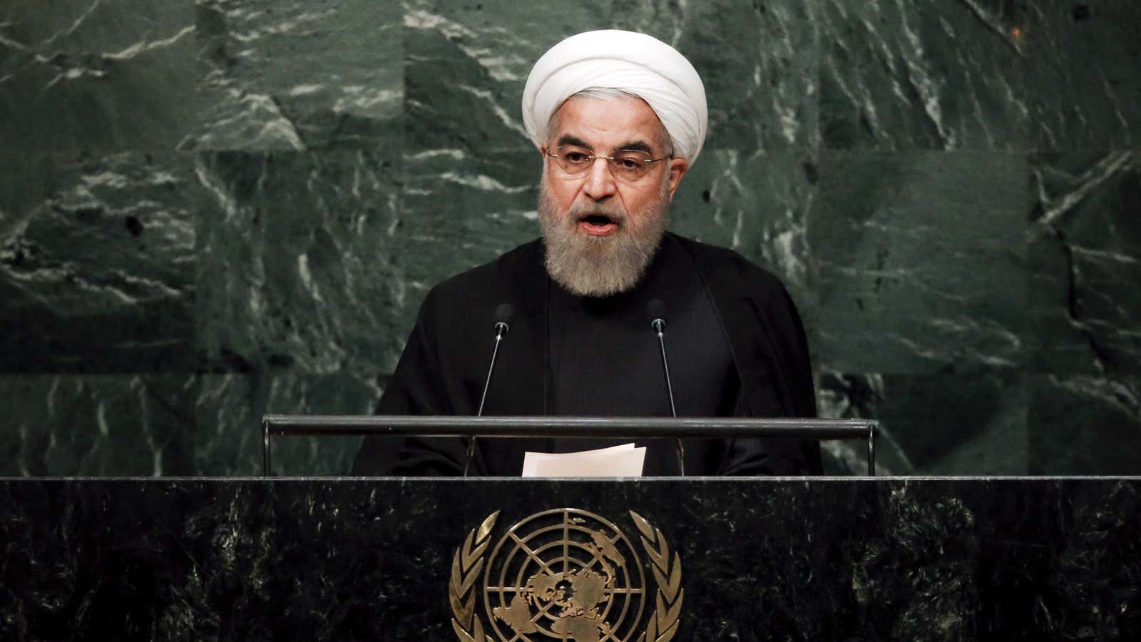 Iran’s President Hassan Rouhani addresses a plenary meeting of the United Nations Sustainable Development Summit 2015 at the United Nations headquarters in Manhattan, New York