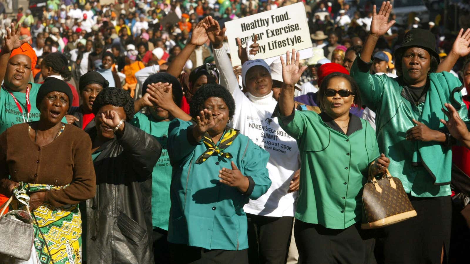 A group of women take part in National Women’s Day march which marks  the historic march of women to the Union buildings in 1956 in protest against discriminatory pass laws.