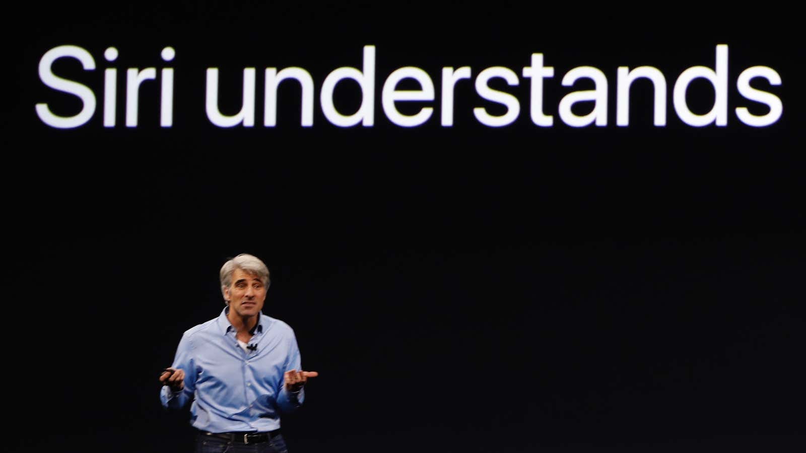 Craig Federighi, Apple’s software engineering chief, speaks during the company’s developer conference (2017).