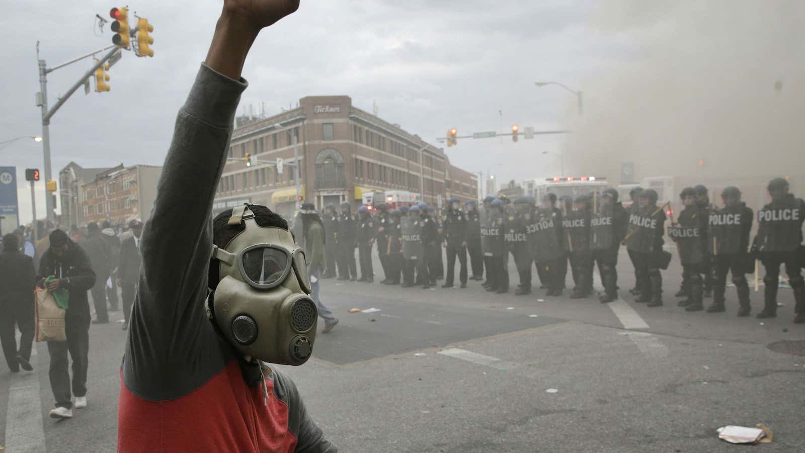 A store burns near protests against police in Baltimore.