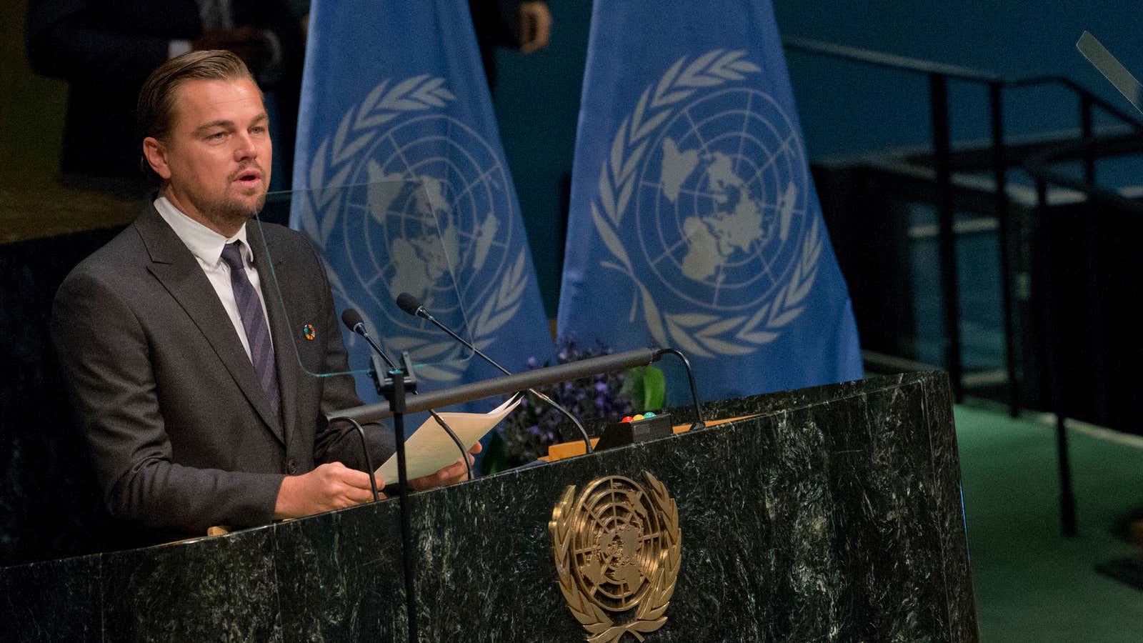 Actor Leonardo DiCaprio speaks during the Paris Agreement on climate change ceremony, Friday, April 22, 2016 at U.N. headquarters. (AP Photo/Mary Altaffer)