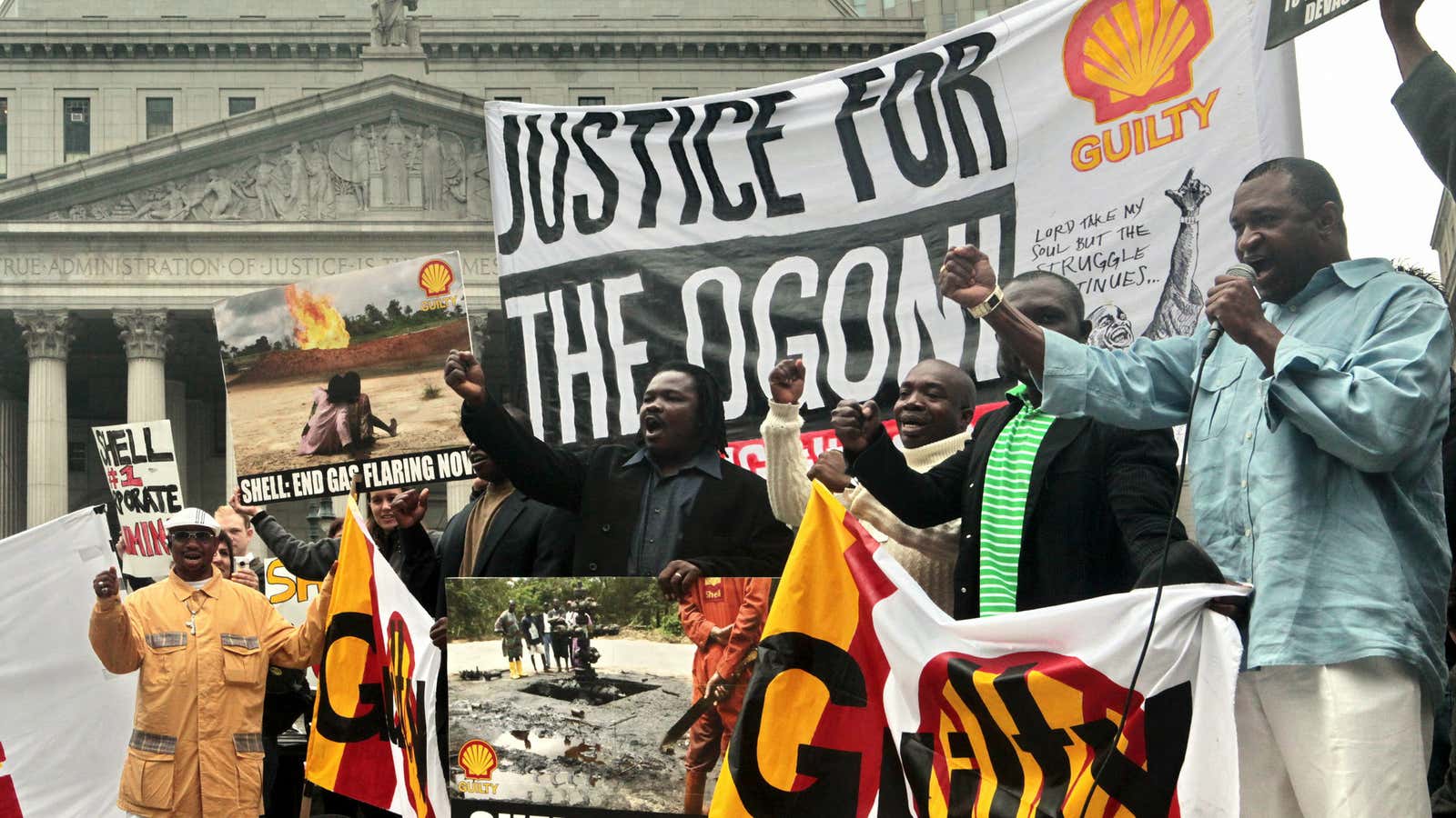 Anti-Shell protesters in New York representing the Ogoni people.