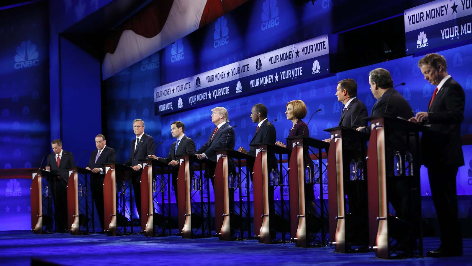 Republican candidates line the stage at the CNBC debate, Oct. 30.