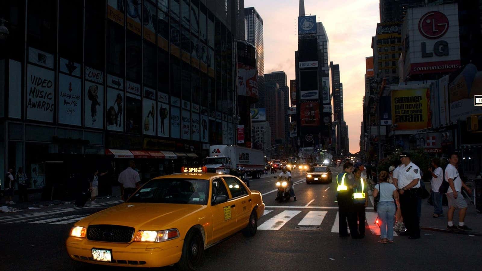 A dimmed Times Square.