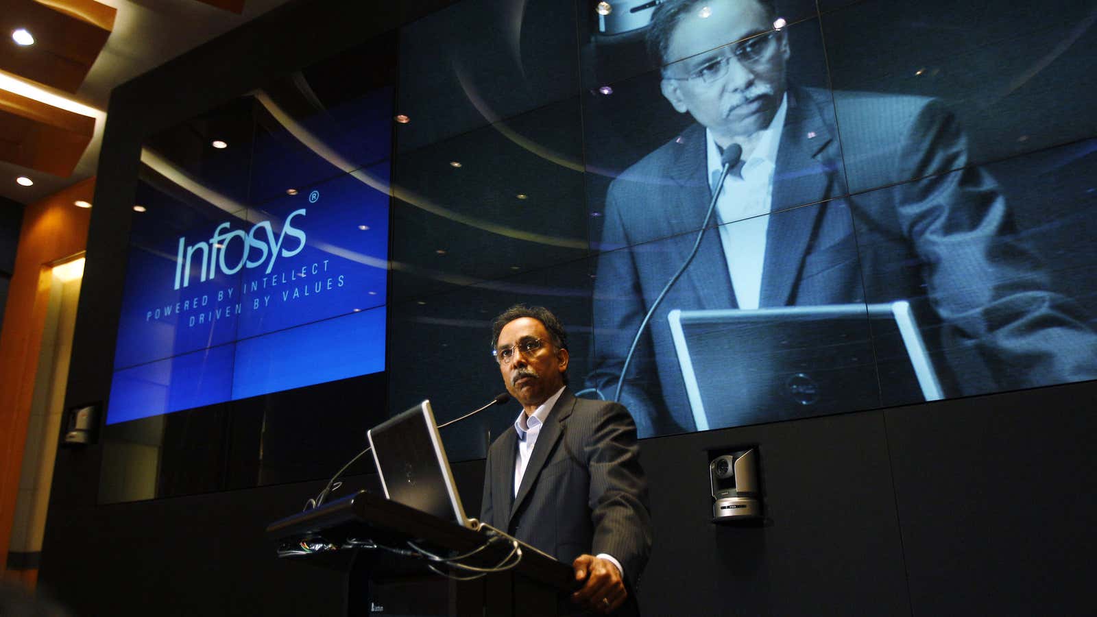 Infosys CEO S.D. Shibulal speaks after announcing the company’s quarterly financial results at its headquarters in Bangalore, India.