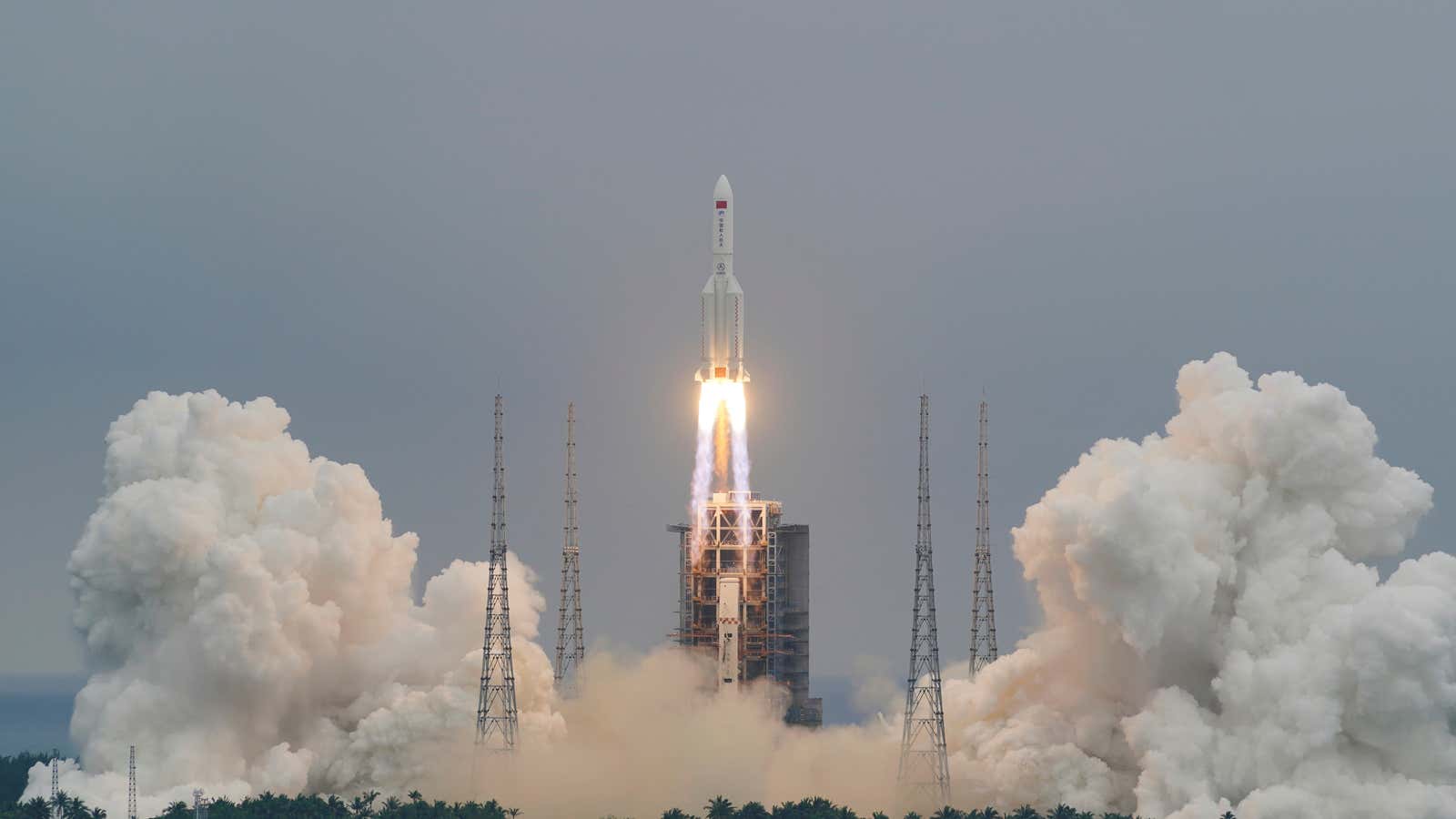 The Long March-5B Y2 rocket, carrying the core module of China’s space station Tianhe, takes off from Wenchang Space Launch Center in Hainan province, China.