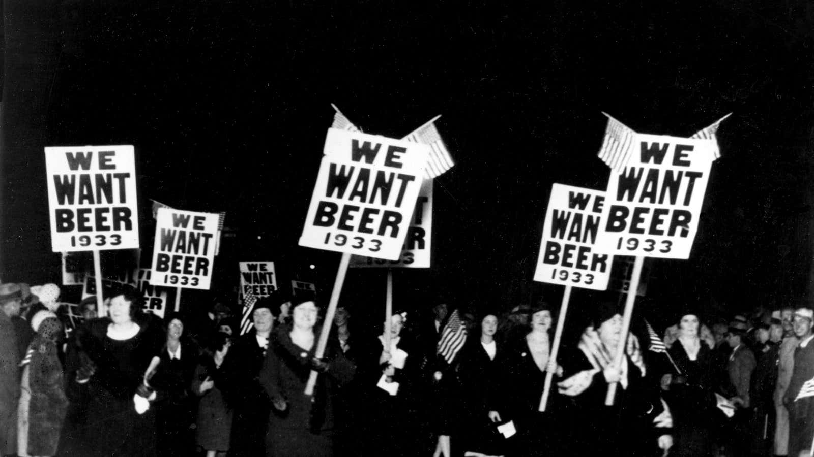 Women turn out in large numbers, some carrying placards reading &quot;We want beer,&quot; for the anti prohibition parade and demonstration in Newark, N.J., Oct. 28, 1932.  More than 20,000 people took part in the mass demand for the repeal of the 18th Amendment.  (AP Photo)