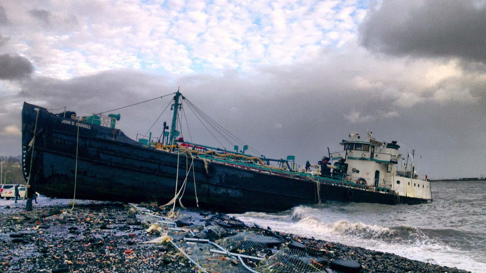 A 168-foot water tanker sits on the shore on Oct. 30, 2012 in  New York’s Staten Island