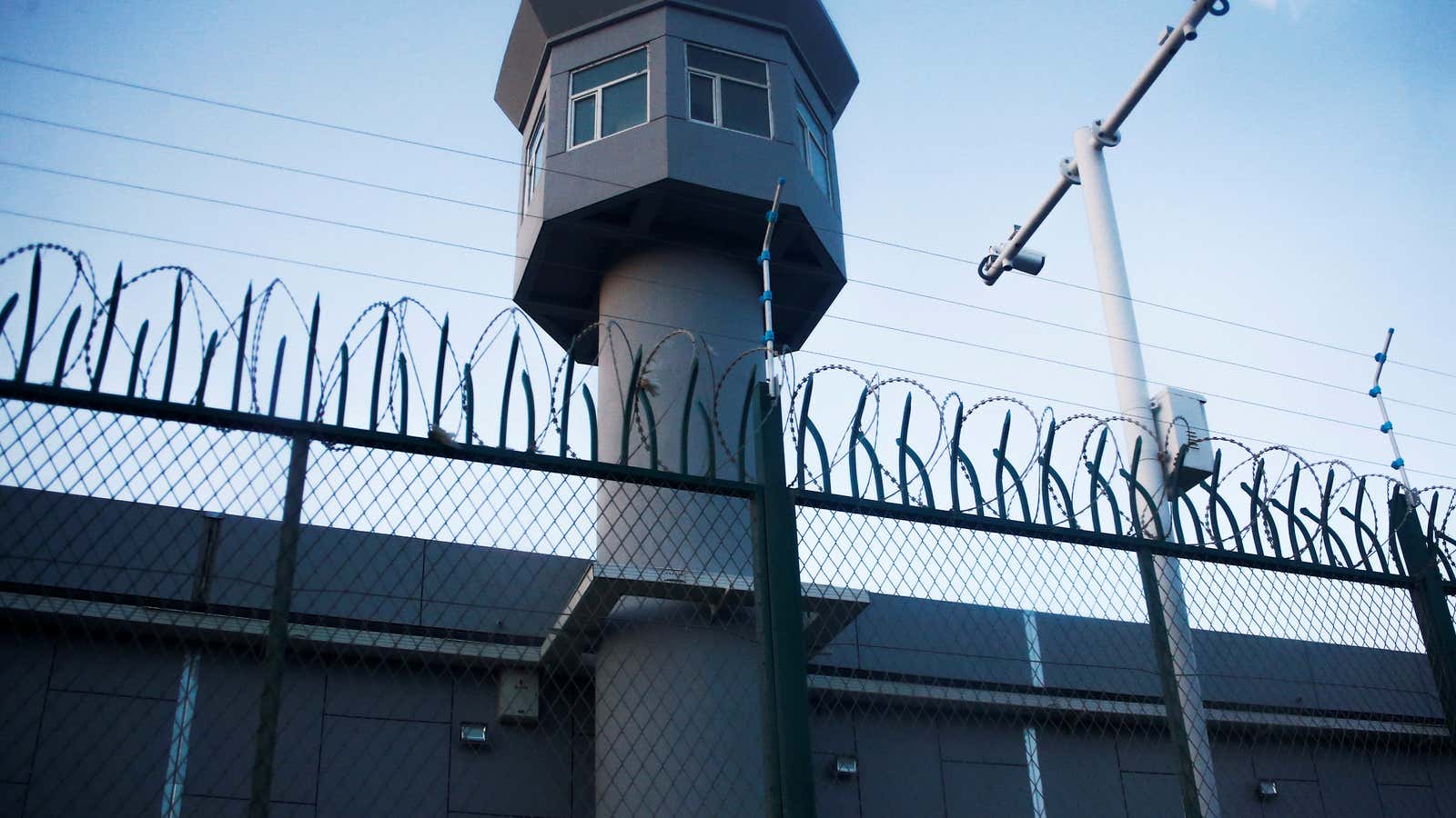 A guard watchtower along the perimeter fence of what is officially known as a vocational skills education center in Dabancheng, Xinjiang, in September.