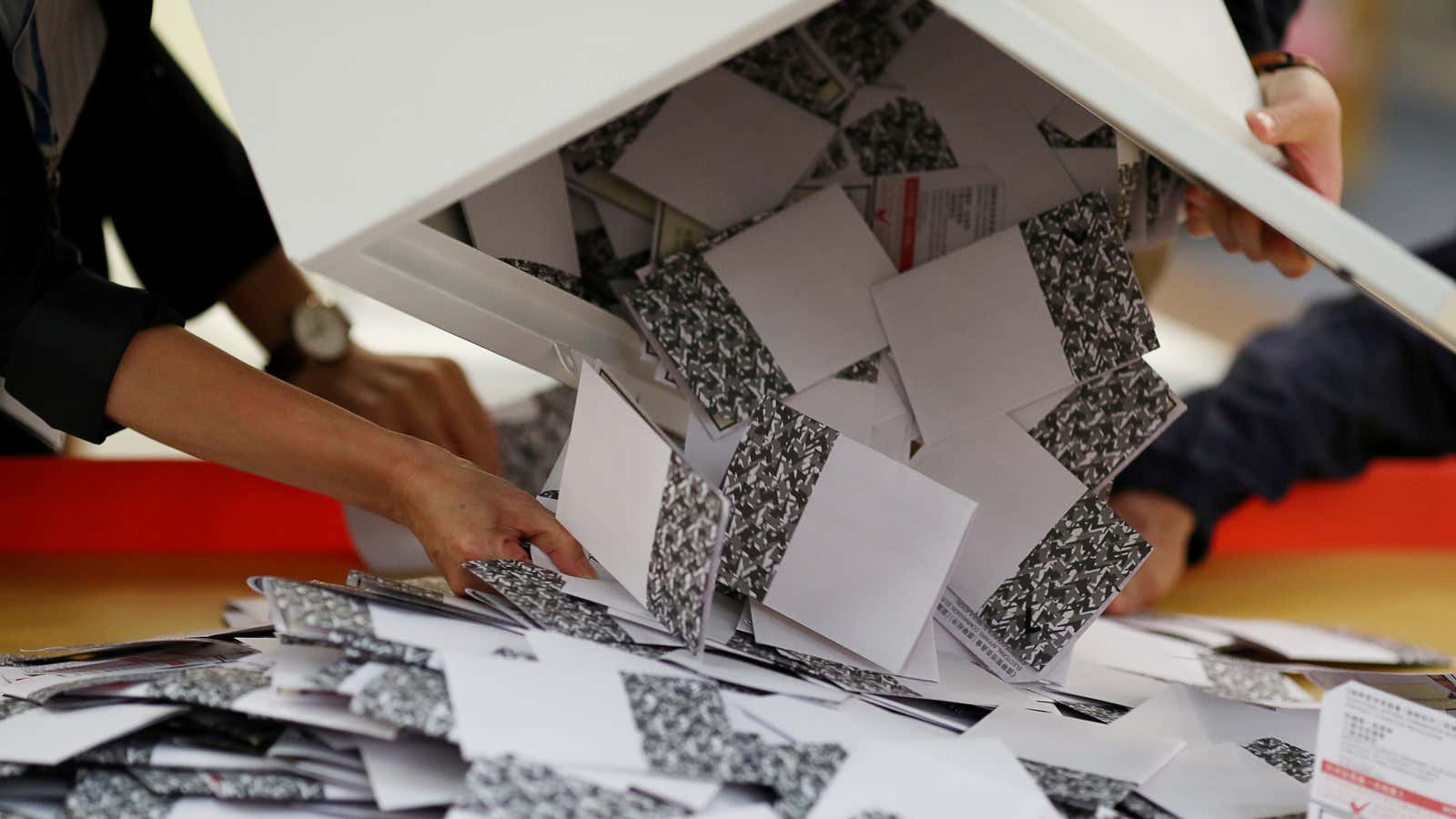 Officials open a ballot box at a polling station in Kowloon Tong, Hong Kong, China November 25, 2019. REUTERS/Athit Perawongmetha REFILE – CORRECTING DATE – RC2SHD9S3N41