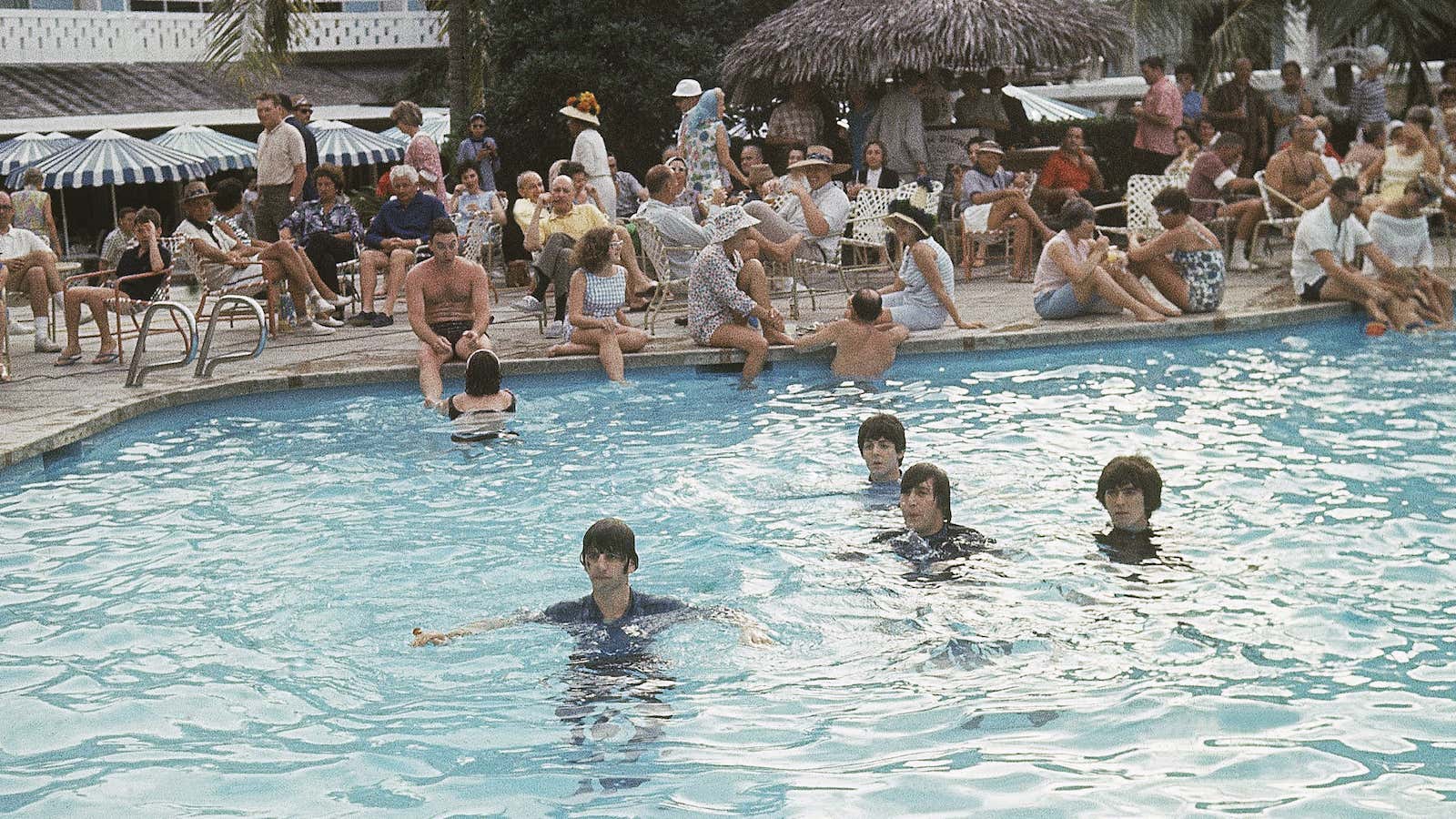 The Beatles take a dip in Nassau, Bahamas on Feb. 23, 1965.