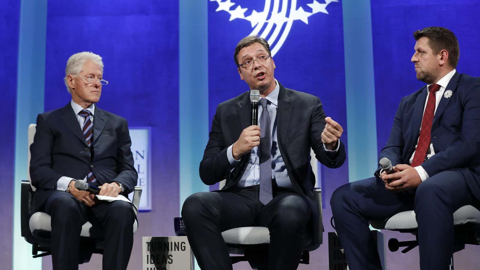 Bill Clinton was joined by Serbian prime minister Aleksander Vucic, center, and Camil Durakovic, the mayor of Srebrenica