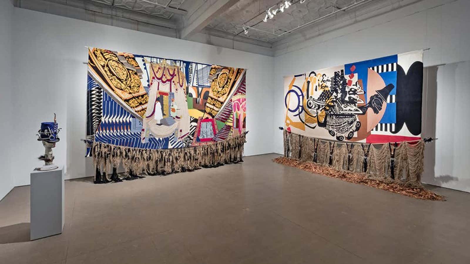 Installation view of Nep Sidhu’s tapestries in ‘Medicine for a Nightmare (they called, we responded)’ at Mercer Union, Toronto, 2019.