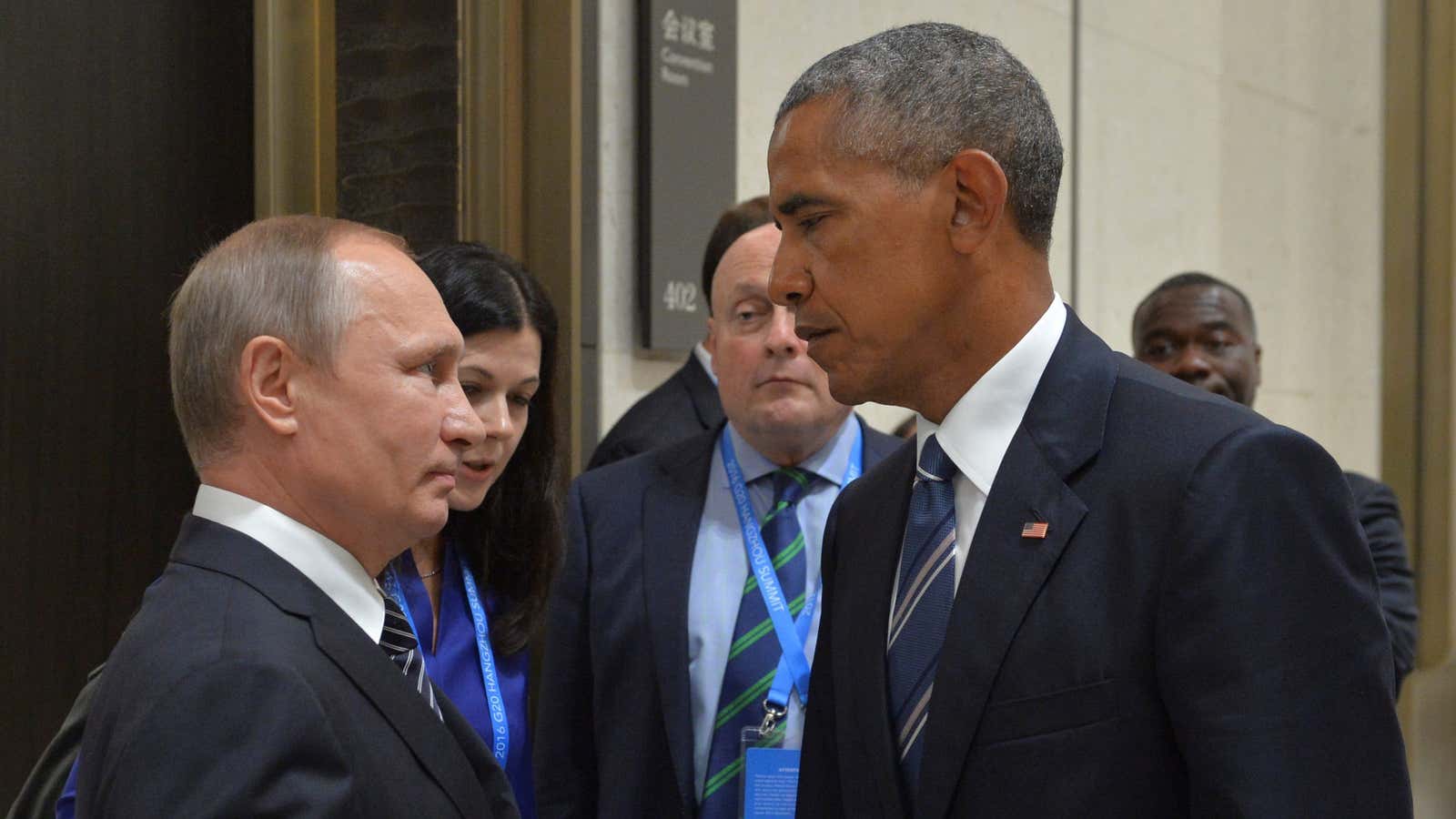 Russian President Vladimir Putin (L) meets with U.S. President Barack Obama on the sidelines of the G20 Summit in Hangzhou, China, September 5, 2016.