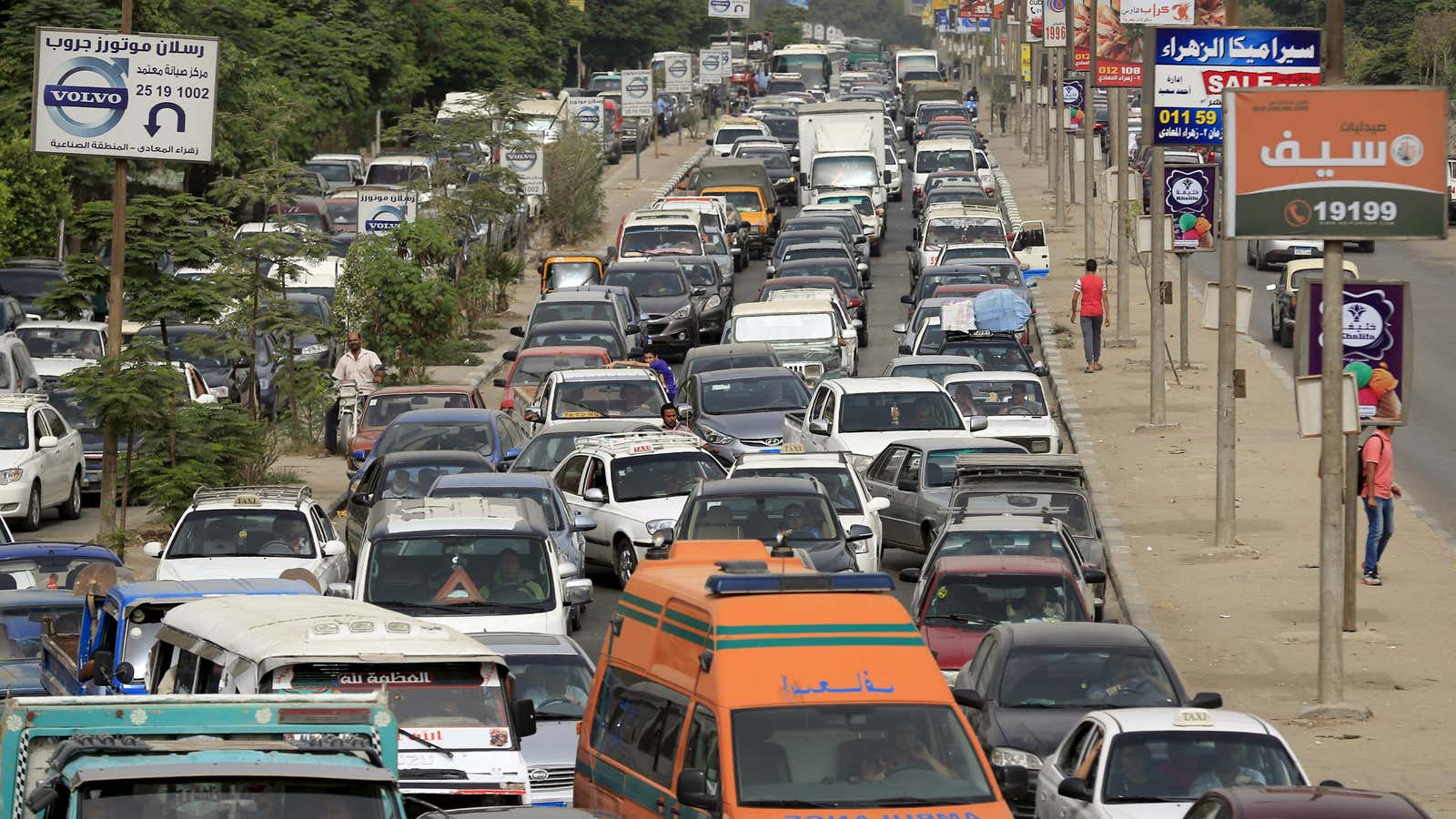 Motorists stuck in a traffic jam on the outskirts of Cairo.