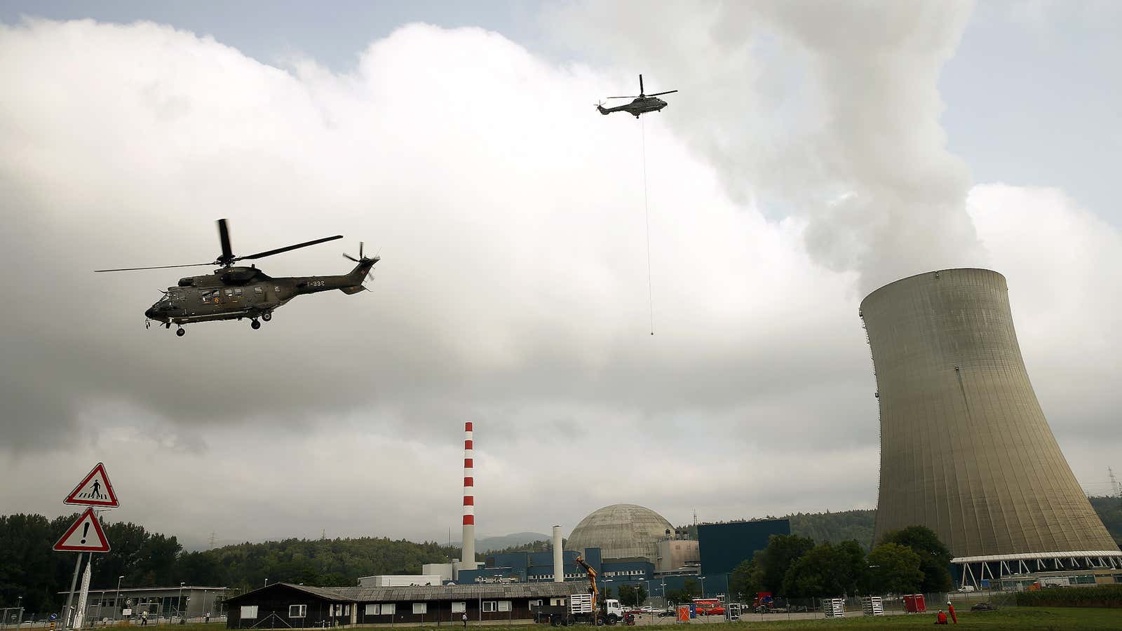 Swiss air force helicopters fly over the Swiss nuclear power plant Goesgen.