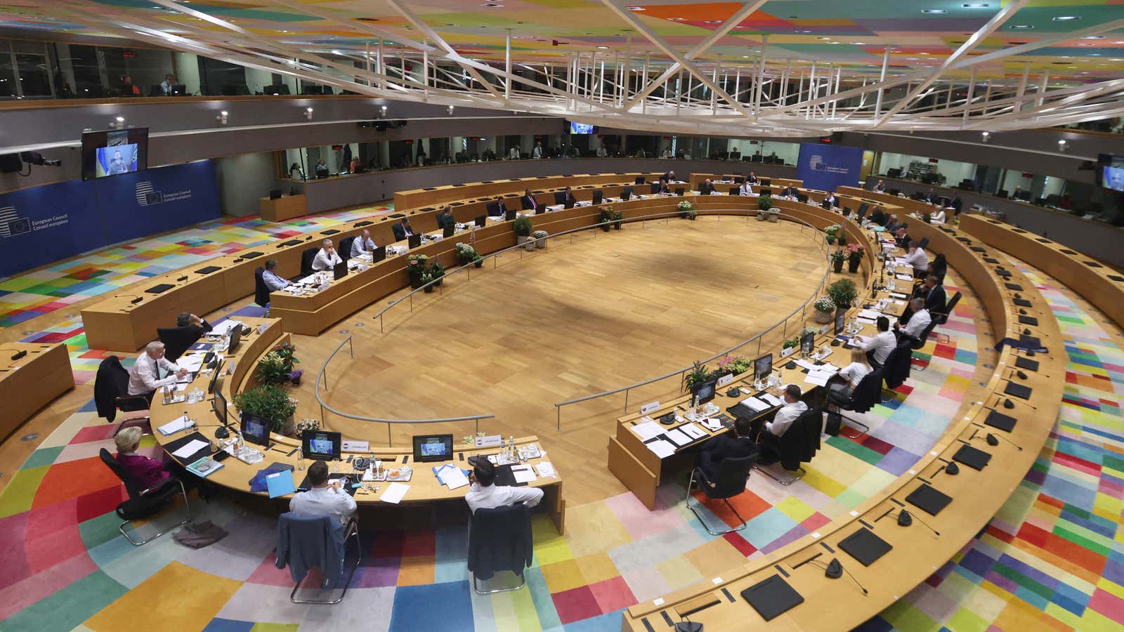 Ukrainian President Volodymyr Zelenskiy speaks during a special meeting of the European Council at The European Council Building in Brussels, Belgium May 30, 2022.