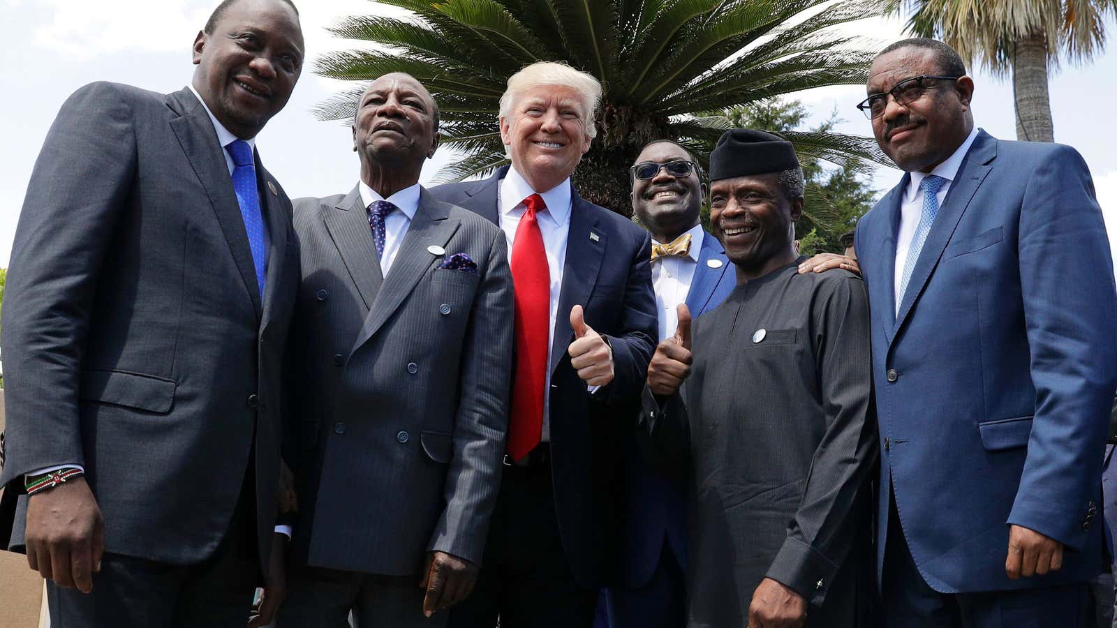 US president Donald Trump with African leaders, from left, Kenya’s president Uhuru Kenyatta, president of Guinea Alpha Conde, president of the African Development Bank Akinwumi Adesina, Nigeria’s VP Yemi Osinbajo and Ethiopia’s then Prime Minister Hailemariam Desalegn, in the Sicilian town of Taormina, Italy.