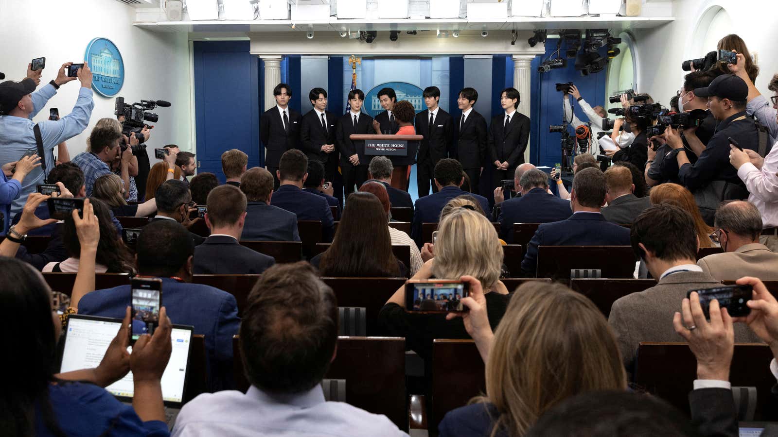 It’s dynamite! White House Press Secretary Karine Jean-Pierre introduces members of the K-Pop band BTS (left to right) Kim Taehyung,  Jeon Jeongguk, Park Jimin, Kim Namjoon, Kim Seokjin, Jung Hoseok and Min Yoon-gi during the daily briefing at the White House in Washington, U.S., May 31, 2022.